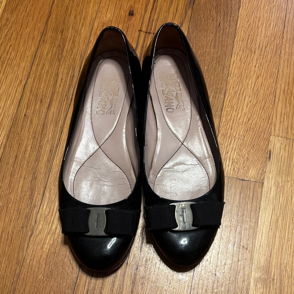 Salvatore Ferragamo Black Patent Leather Flats Loafers